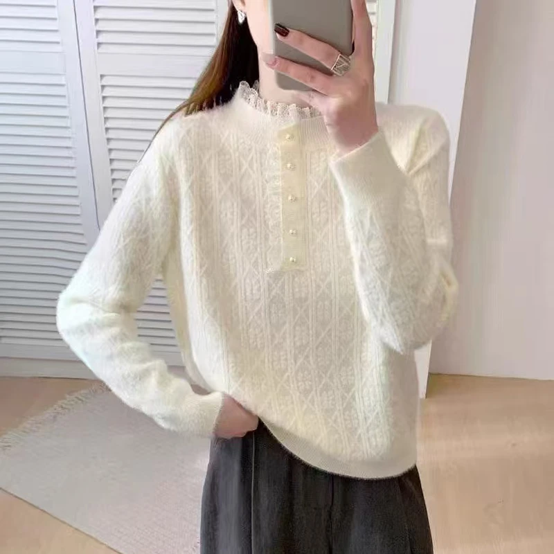 新品法式蕾丝打底衫女休闲气质漂亮长袖时尚百搭针织衫 6601