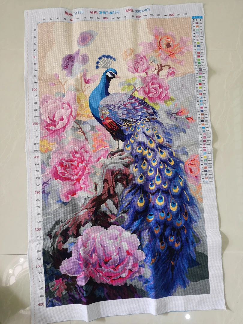 纯手工十字绣成品竖版玄关中堂客厅挂画富贵吉祥成品孔雀图120*73
