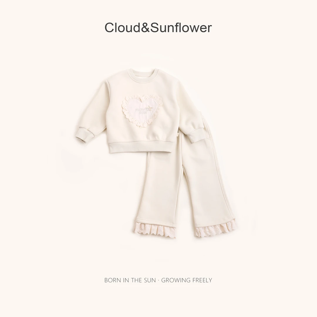 【云朵小葵】女童秋季上衣爱心刺绣纯色裤脚蕾丝休闲套装1114414