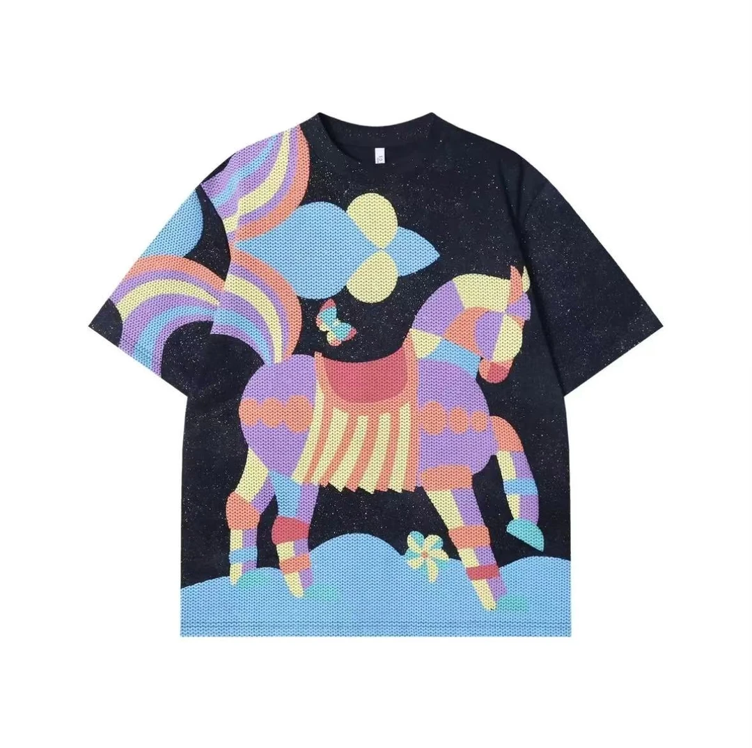 夏季高级感新款男士小马彩色印花圆领短袖T恤小众设计洒金上衣