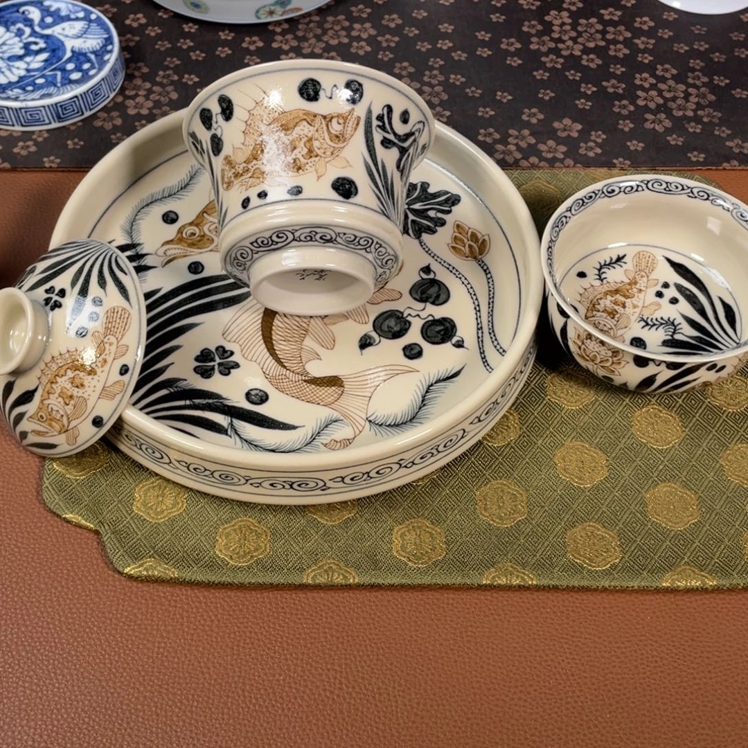 瓷片柴窑二号釉鱼藻套组！！