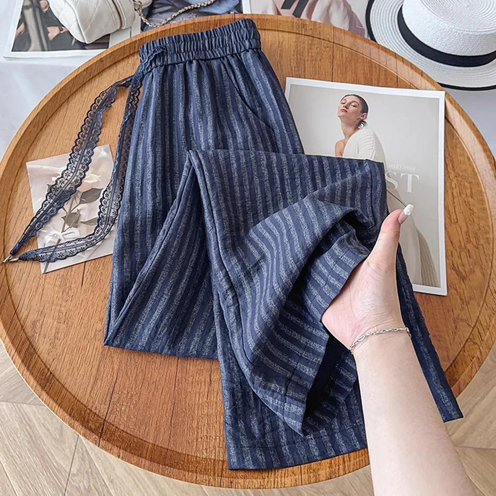 薄款条纹冰丝宽松阔腿裤女裤子夏季2025新款垂感高级感超好看长裤