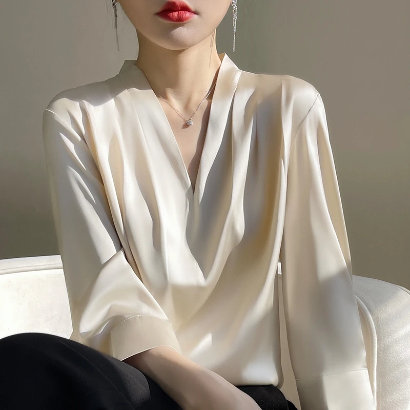 常规真七分袖醋酸纯色套头V领女T恤短袖t恤春薄韩版桑蚕垂感气质