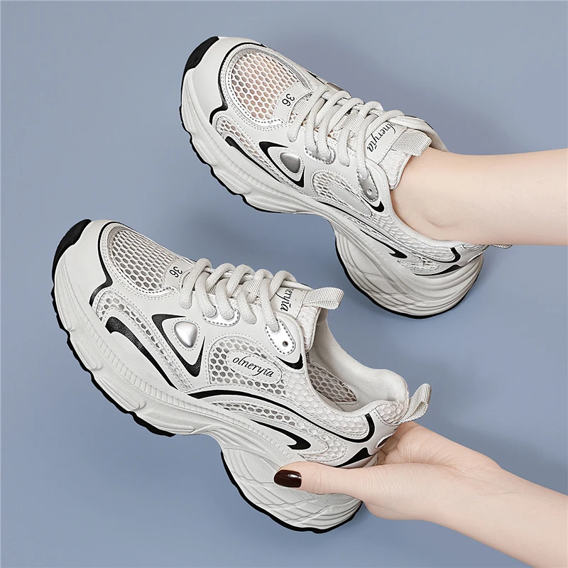 2025年夏季新款厚底增高网面白色老爹鞋女款休闲网鞋透气运动鞋子