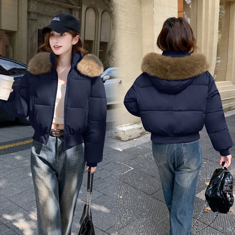 冬季大毛领收腰百搭宽松棉服短款加厚设计感棉衣新款修身棉袄外套