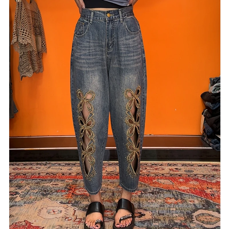欧货2025夏季新款牛仔裤女重工烫钻个性蝴蝶随性哈伦裤九分裤