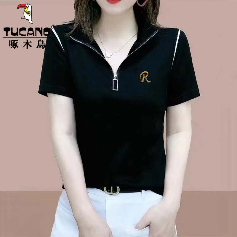 啄木鸟字母刺绣立领短袖T恤女2025新款拉链拼接洋气百搭正肩上衣