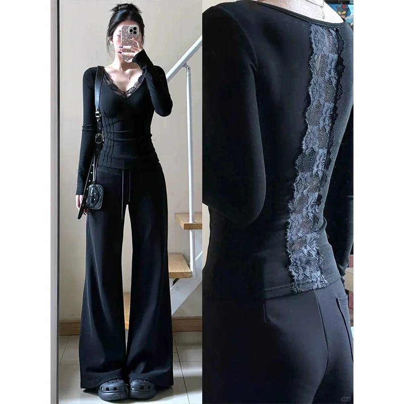 纯欲黑色后背蕾丝V领气质长袖t恤独特别致上衣打底时尚