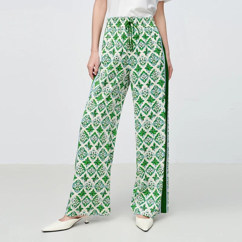 EP雅莹2025新款女装 弹力桑蚕丝几何印花抽绳松紧腰直筒裤6429C