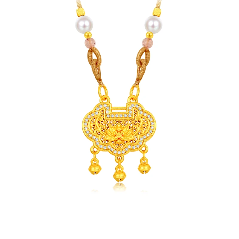 梦金园黄金锁包吊坠七夕黄金礼物女3D足金莲花长命锁编绳项链送女友礼物