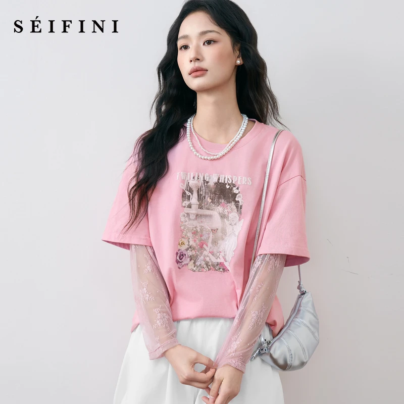 诗凡黎凉感油画直身T恤2025夏新款蕾丝落肩气质短袖上衣7G4301241