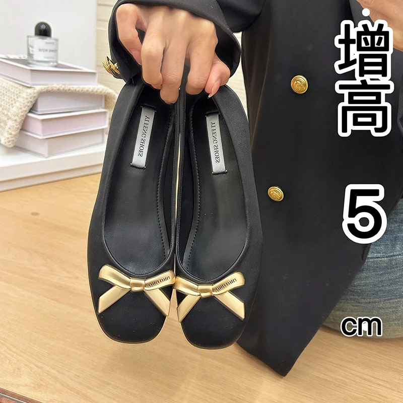 小个子内增高女鞋2025春秋新款蝴蝶结扣配裙子的鞋方头平底单鞋女