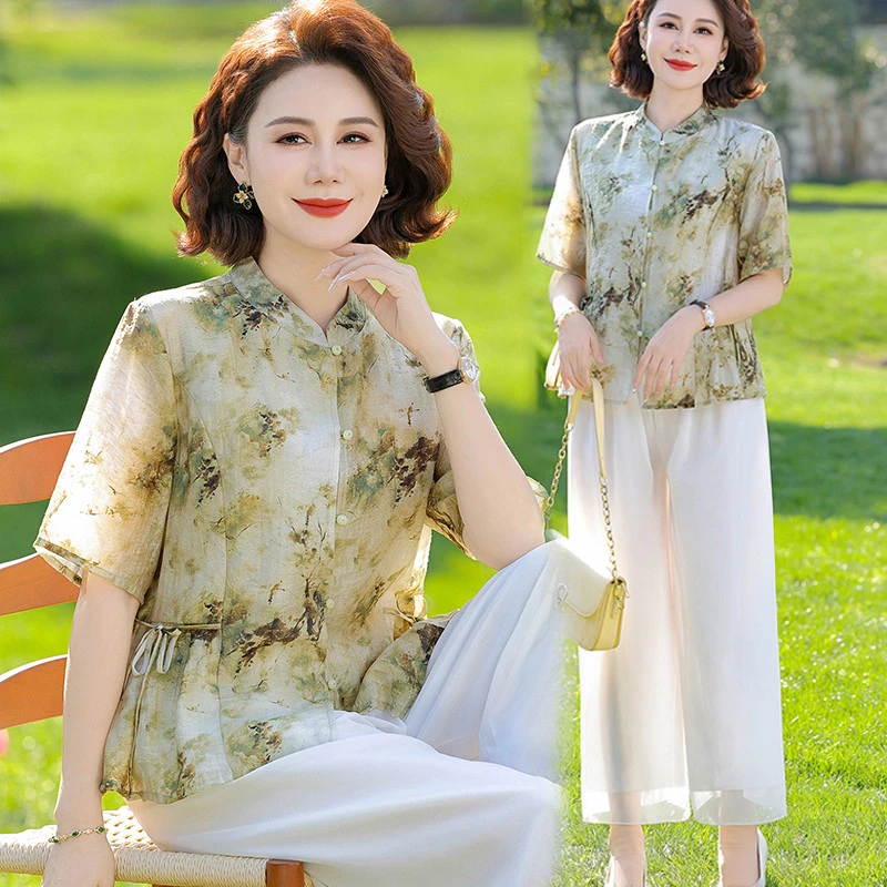 母亲节中年妈妈短袖雪纺衫女套装两件套新中式国风小衫遮肚子上衣