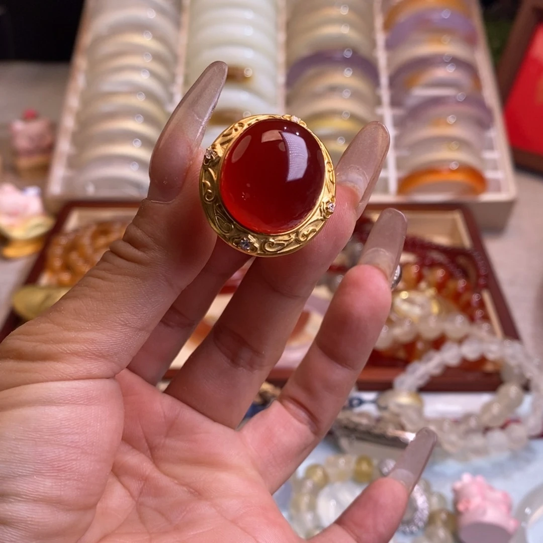 青****玛瑙/玉髓戒指合金