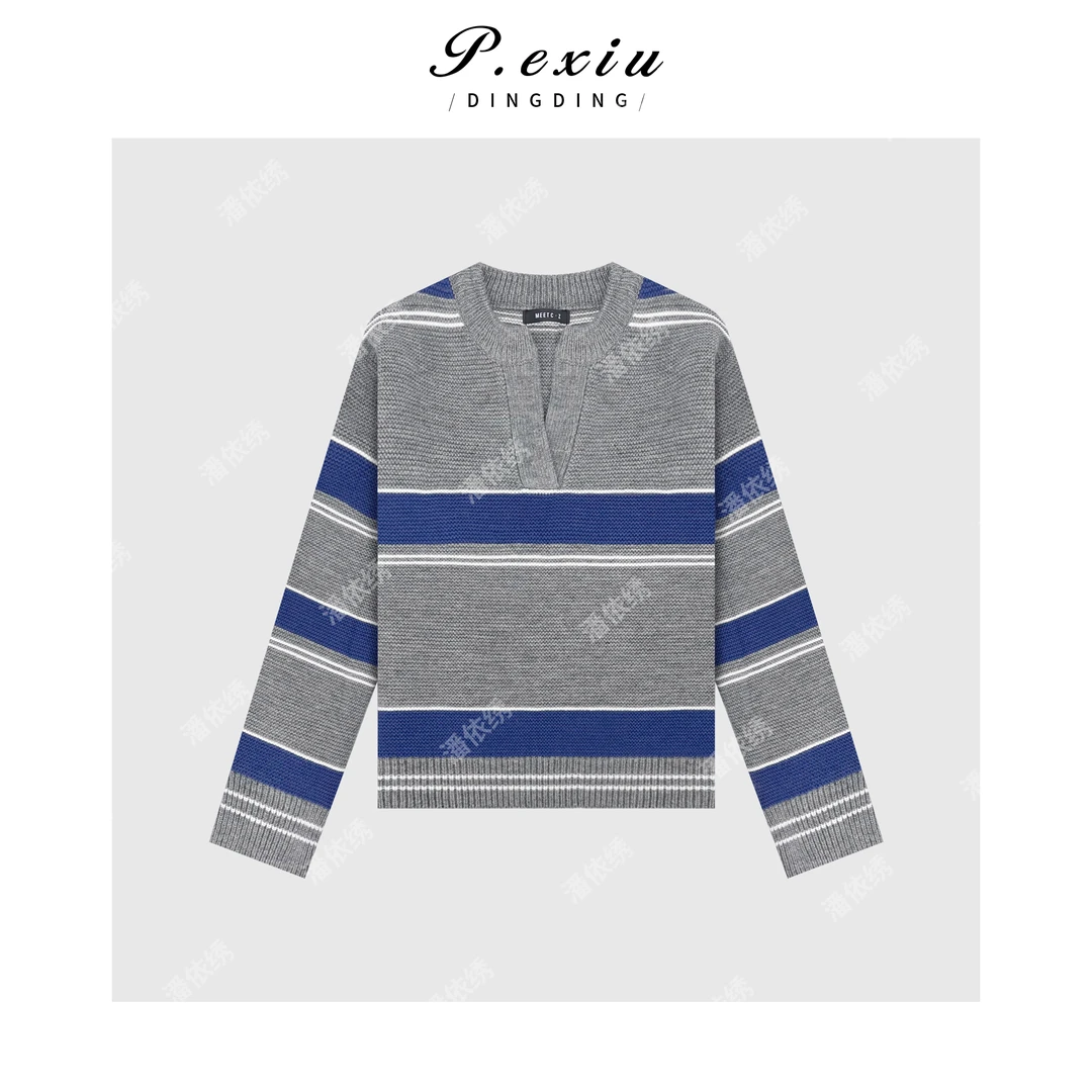 PanYiXiu/潘依绣羊-毛撞色条纹V领套头长袖毛衣 L2570