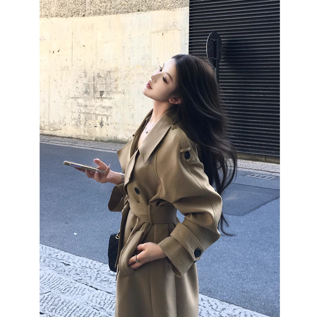 秋季新款2025小个子经典翻领双排扣中长款气质风衣女时尚宽松外套