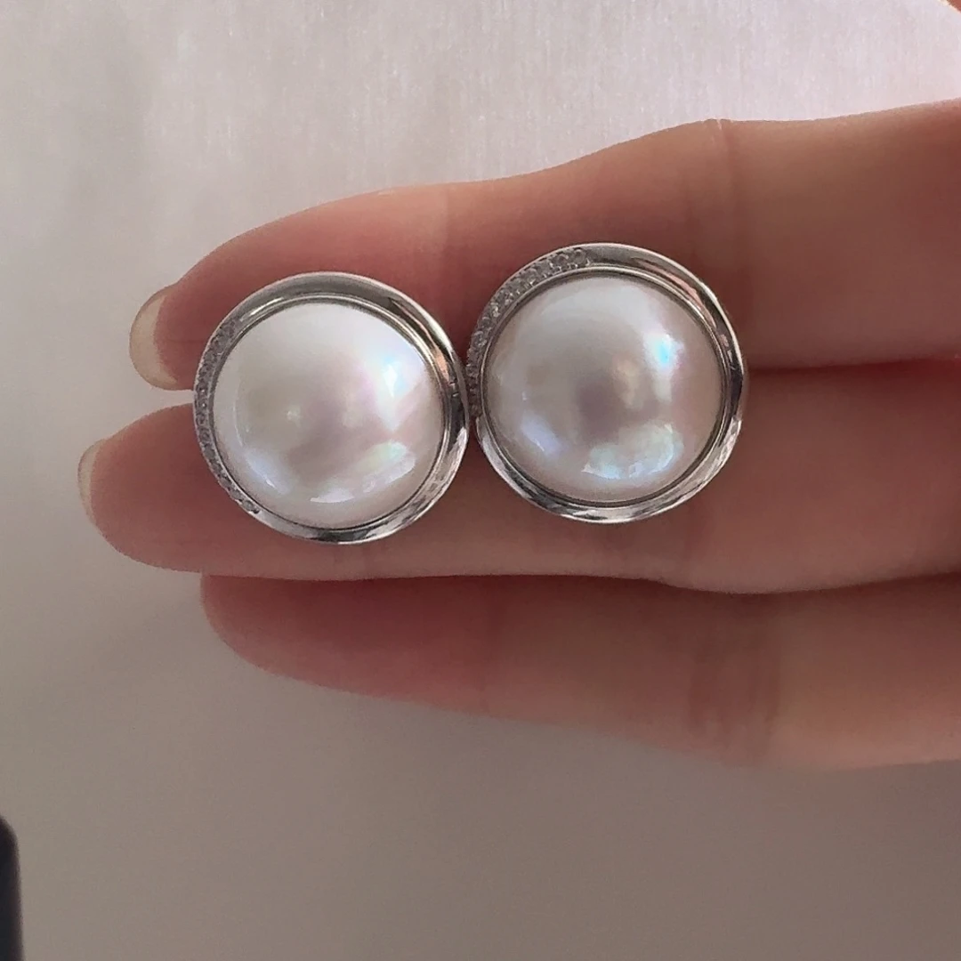 拼合珍珠（马贝珠）耳饰银S925镶嵌15-16mm