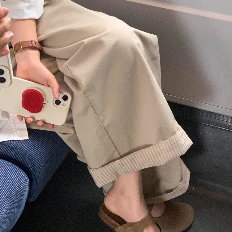 卡其色裤脚翻边条纹阔腿裤女春季ins垂感高腰阔腿裤梨形身材长裤