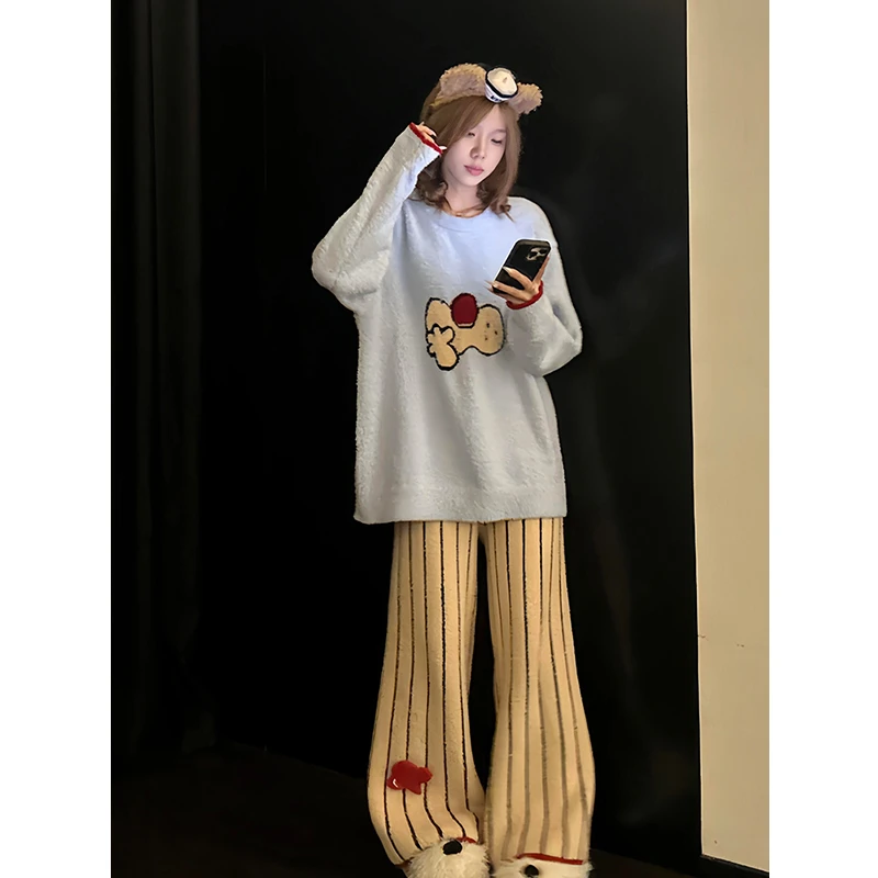 可爱卡通酷猫半边绒条纹睡衣女冬季新款条纹长裤可外穿家居服套装