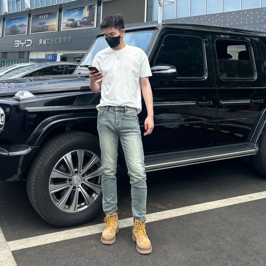 夏季薄款复古做旧男士牛仔裤修身小直筒水洗蓝色弹力中腰百搭长裤