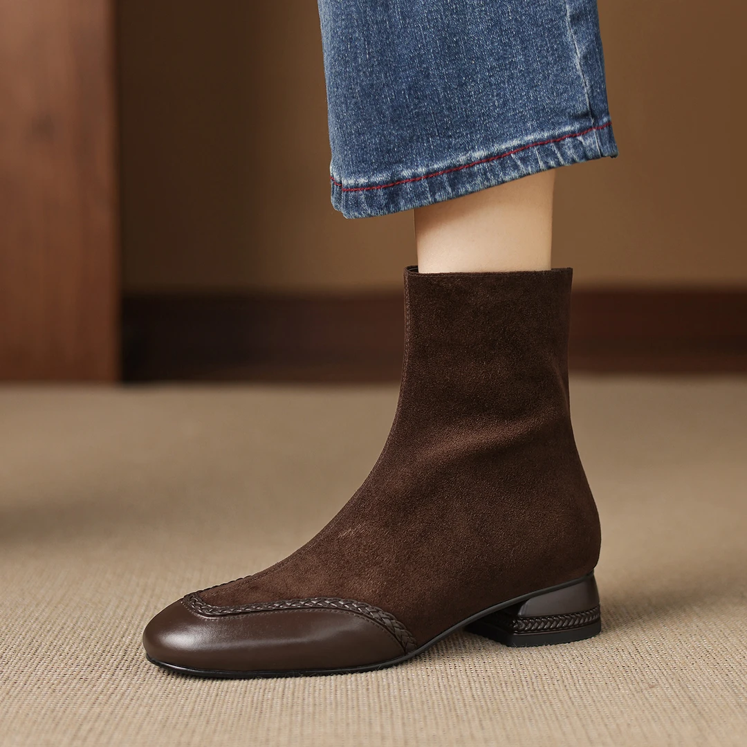 高定品质方头粗跟拉链拼接日常通勤高质感绒面棕色低跟女短靴M129