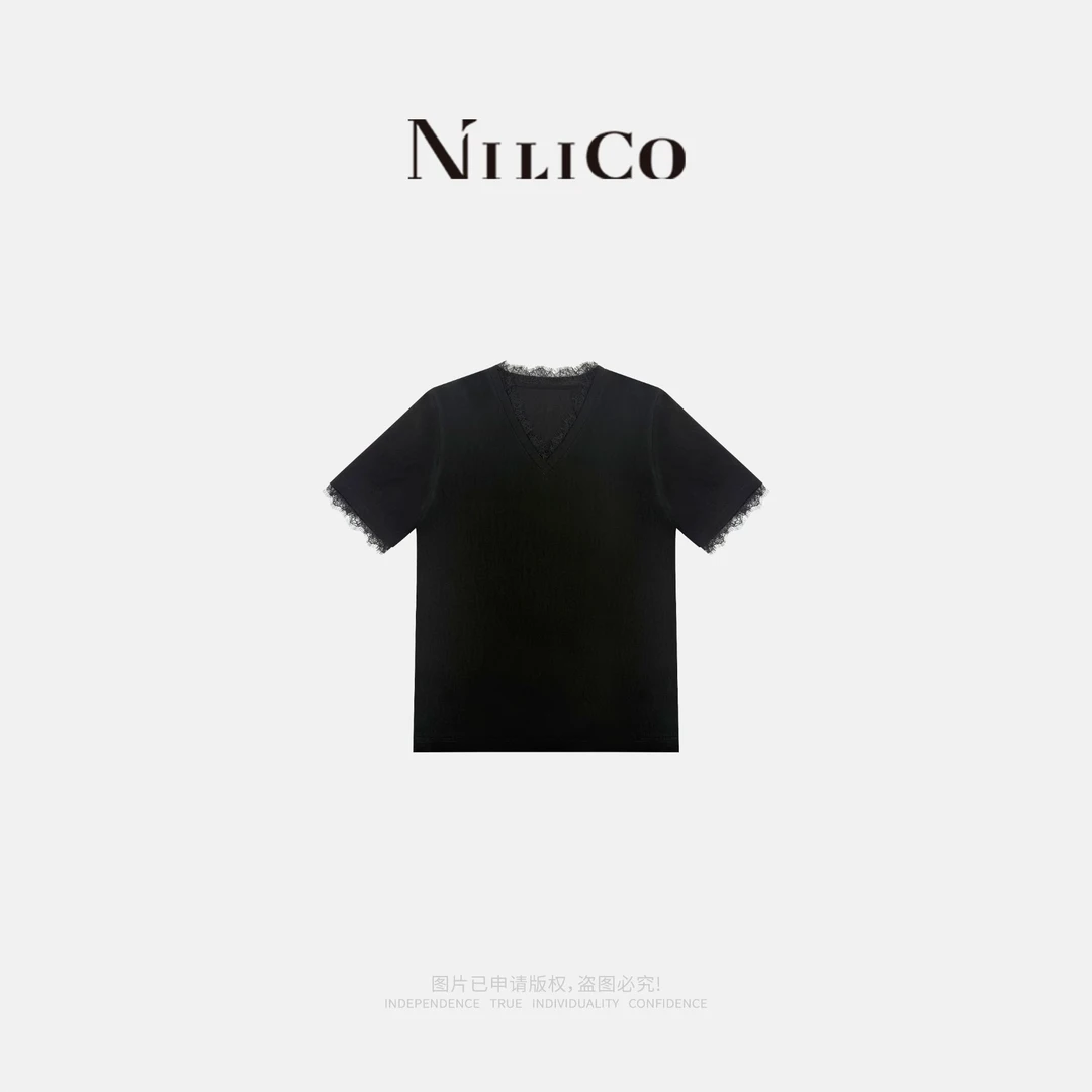 NILICO【巨能搭】V领蕾丝拼接花边气质淑女设计感小众T恤夏季宽松