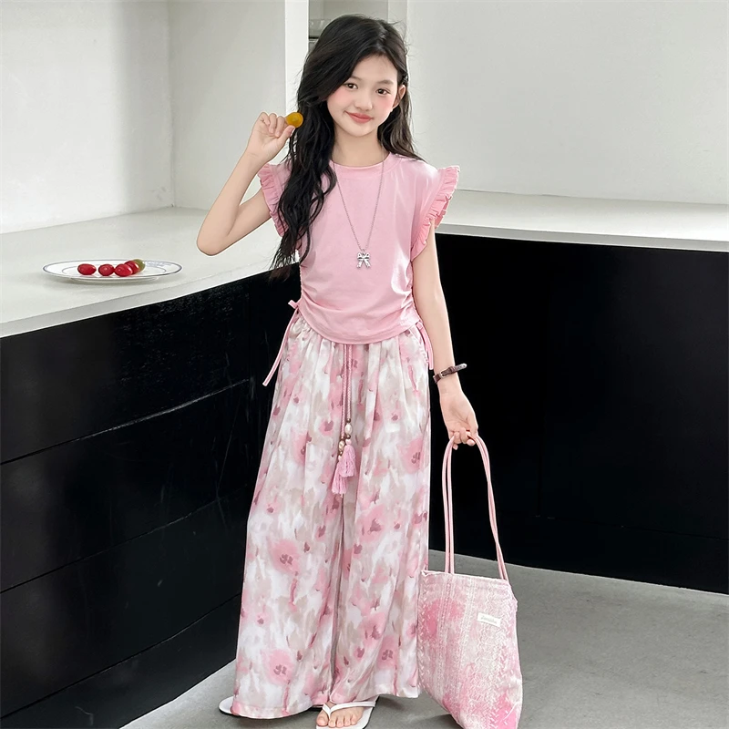 女童夏季套装2025新款儿童洋气时髦薄款夏装大童长裤娃娃衫两件套