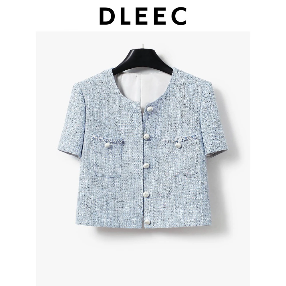 DLEEC 夏季轻奢海岸蓝轻薄花呢小香风外套时尚圆领亮片上衣