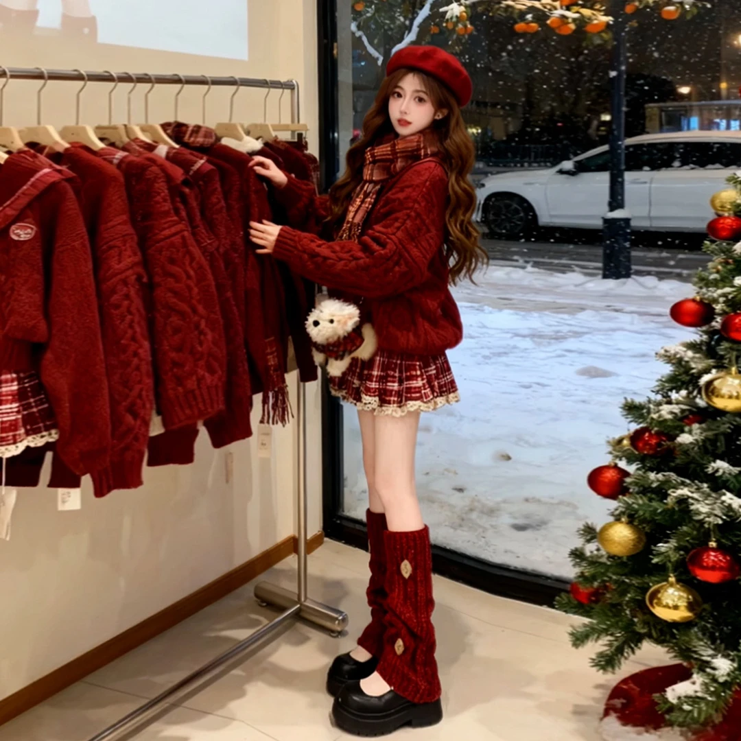 圣诞穿搭红色针织格子连衣裙两件套女2025秋冬韩系入冬衣服一整套