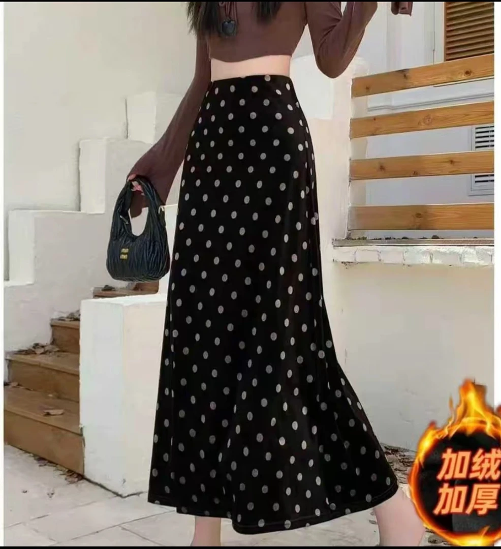 【波点A字裙】早秋法式高腰韩国绒修身显瘦时尚百搭波点A字裙