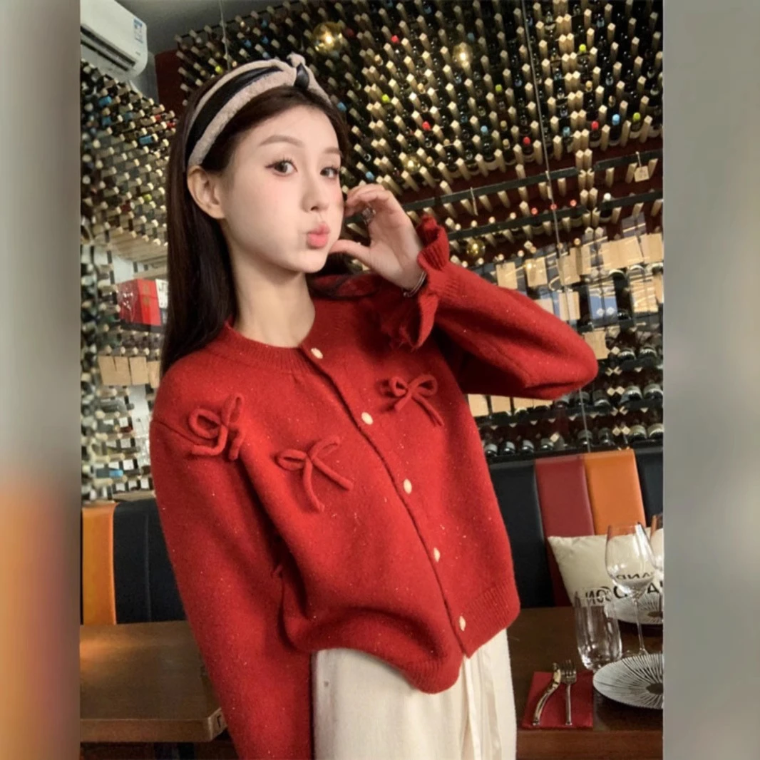 韩系立体蝴蝶结毛衣开衫女装秋冬季新款设计感温柔甜美风针织上衣