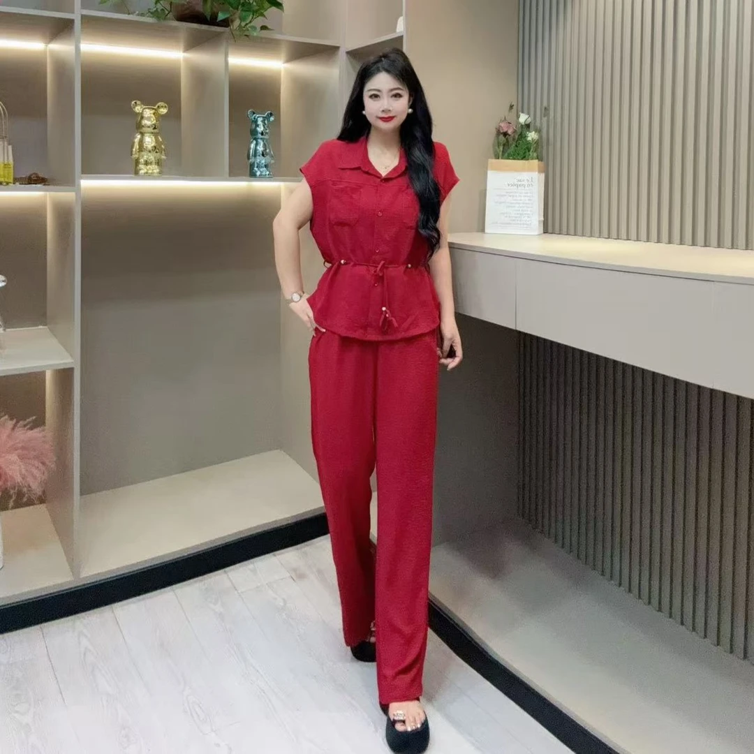 夏季套装-鸿 9813时尚潮流气质女人味抽绳洋气款胖MM大码女装新款