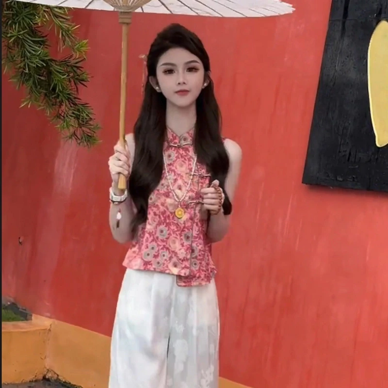 新中式套装女2025夏季新款时尚国风复古无袖马甲上衣阔腿裤两件套