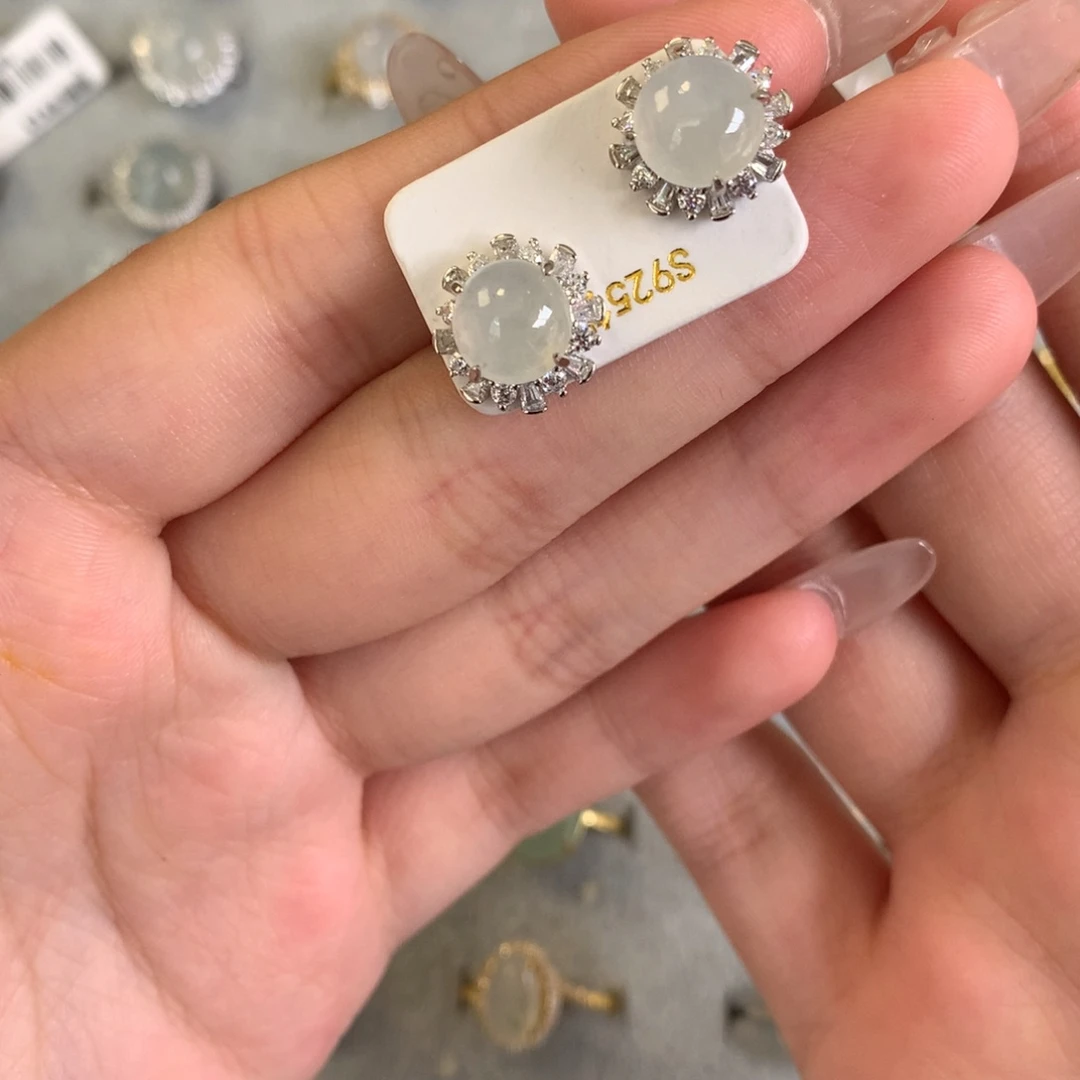 翡翠银S925镶嵌戒指耳钉