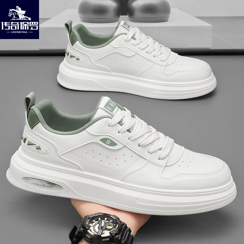 传奇保罗男鞋春季潮牌软底运动休闲板鞋男士工作厚底皮面小白潮鞋