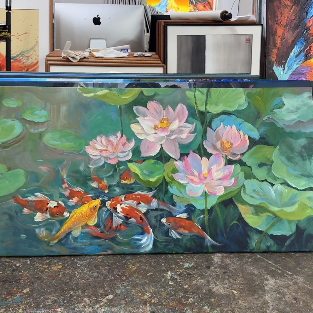 鲲***.丙烯画清河老师加框莲花