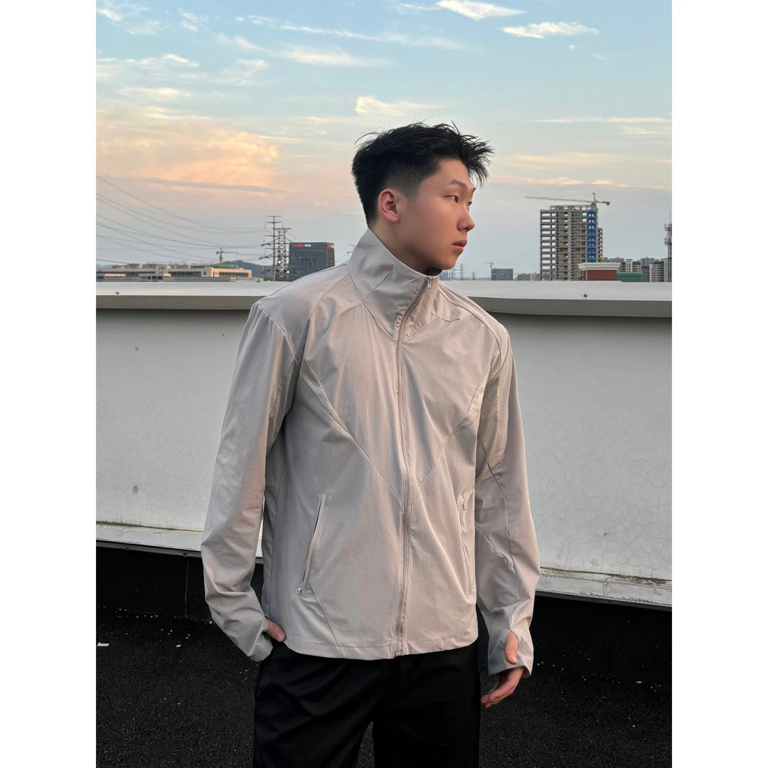 网眼拼接立领机车服男夏季薄款户外运动休闲防晒衣透气冲锋衣外套