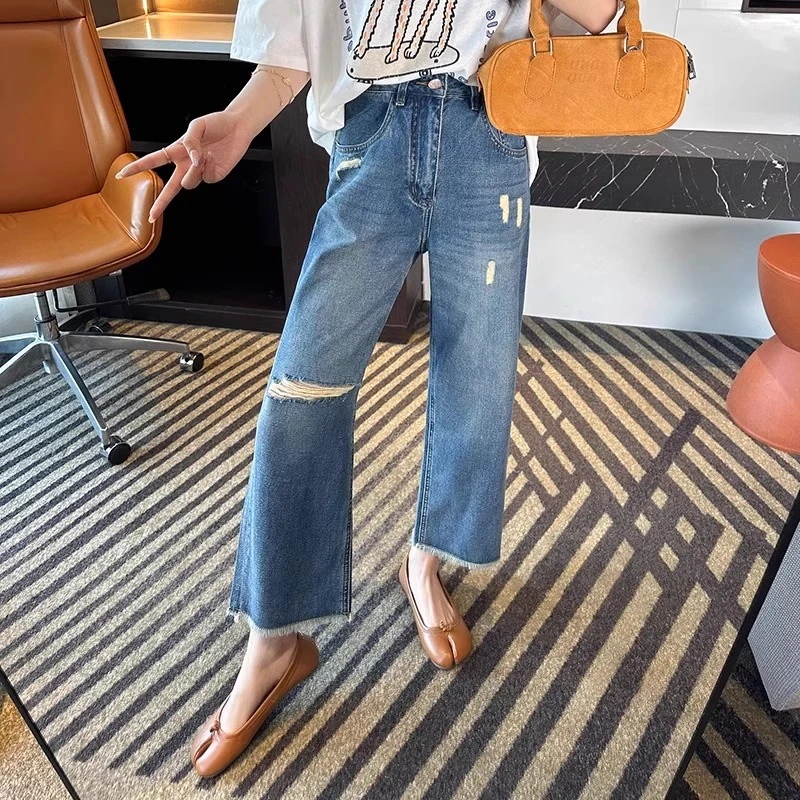 破洞复古蓝直筒牛仔裤女梨形身材宽松遮胯显瘦小个子阔腿九分裤子