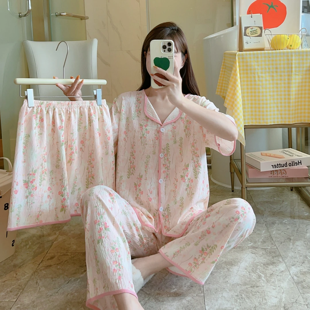 三件套睡衣女款春秋季卡通蕾丝翻领花边短袖长裤甜美套装30591