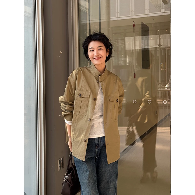 LANGQING 卡其色纯棉立领宽松外套43461#