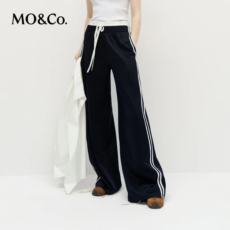 MOCO休闲裤2025春新品运动风撞色边松紧腰双腰头长直筒MBE1PATT03