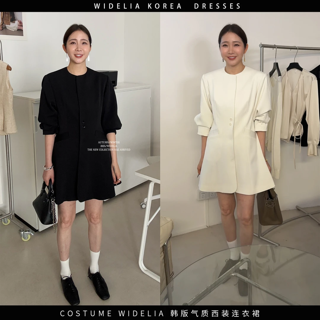 widelia春季7067韩系气质千金名媛风中长款西装长袖连衣裙A字短裙