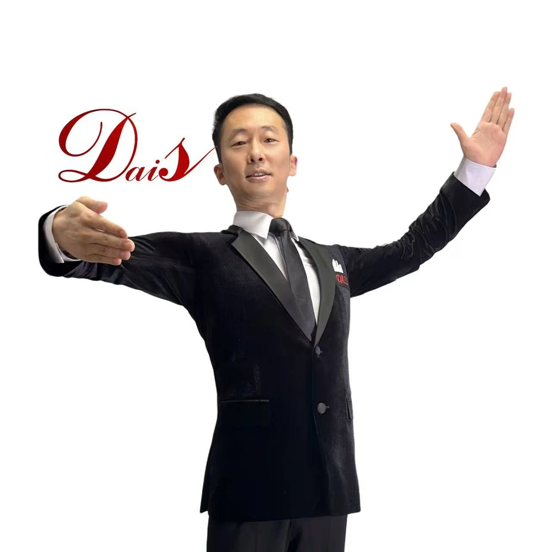 戴氏舞服摩登舞比赛服黑色丝绒国标交谊舞修身西装套装