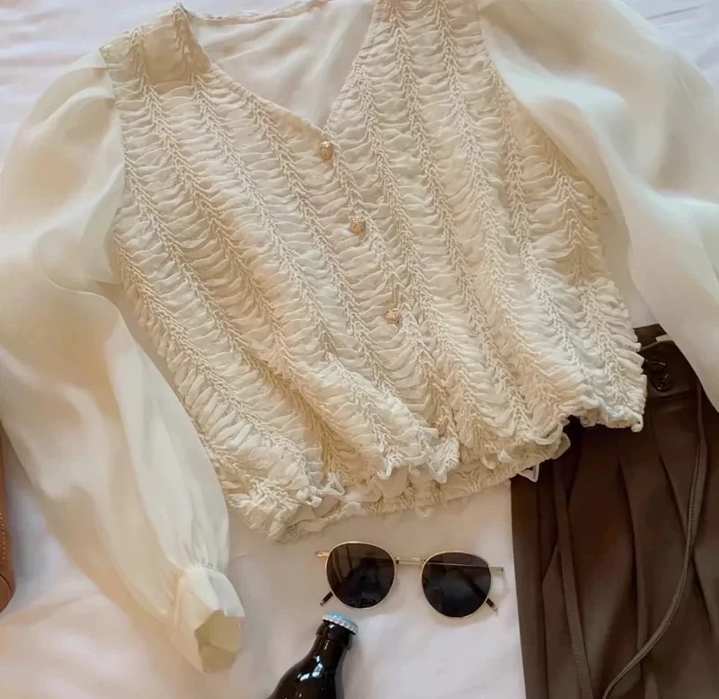 法式V领蕾丝绣花雪纺衬衫女春秋季新款短款开衫上衣