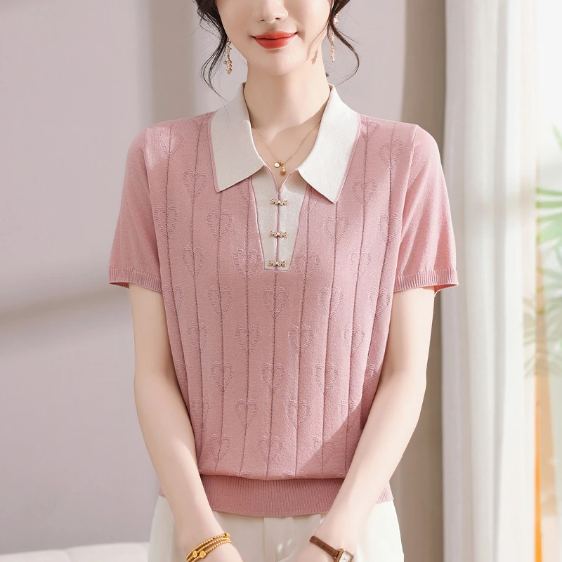 Polo领短袖T恤女夏季大码冰丝针织衫宽松遮肚子显瘦洋气翻领上衣