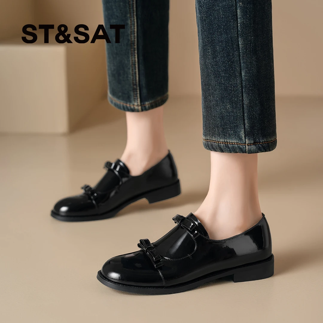 St&Sat/星期六2025春季时尚百搭舒适软底真皮精致蝴蝶结乐福鞋