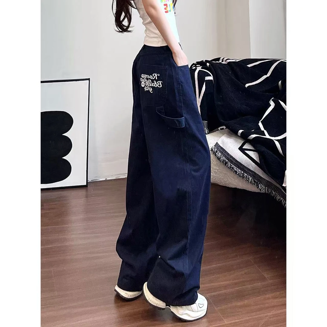 【星河】美式高街工装裤女口袋刺绣设计直筒修身显瘦工装裤-K2929