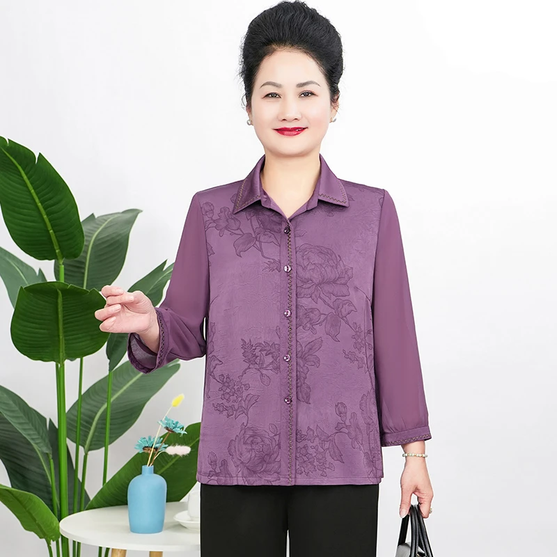 妈妈装休闲夏季翻领大码开衫薄款中老年女装奶奶上衣B5912