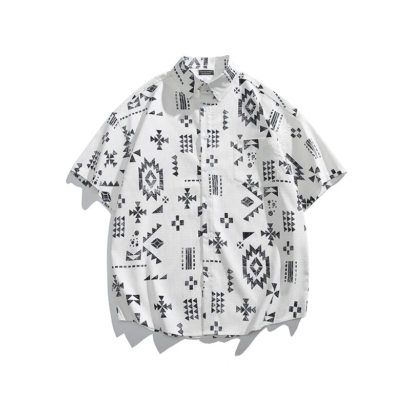 男士夏季薄款冰丝薄款国风中袖立领衬衫 潮牌宽松休闲港风花衬衣