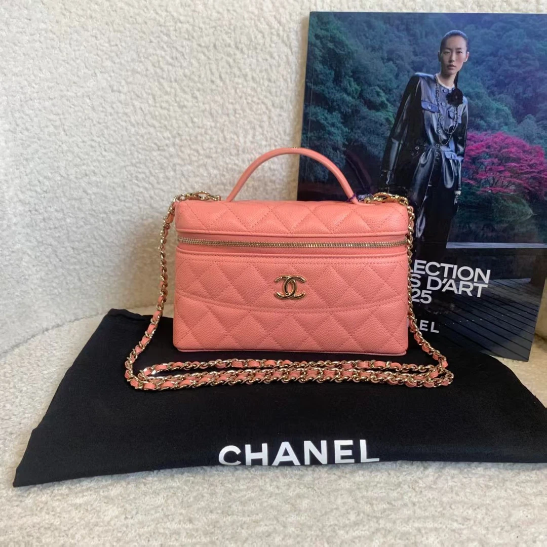 99新 Chanel/香奈儿 壹臻/ 25C橘粉色鱼子酱牛窄版盒子包1865208